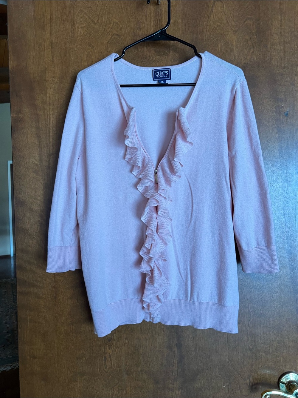 Chaps Pale Pink Ruffle Front Zipper Down Cardigan
